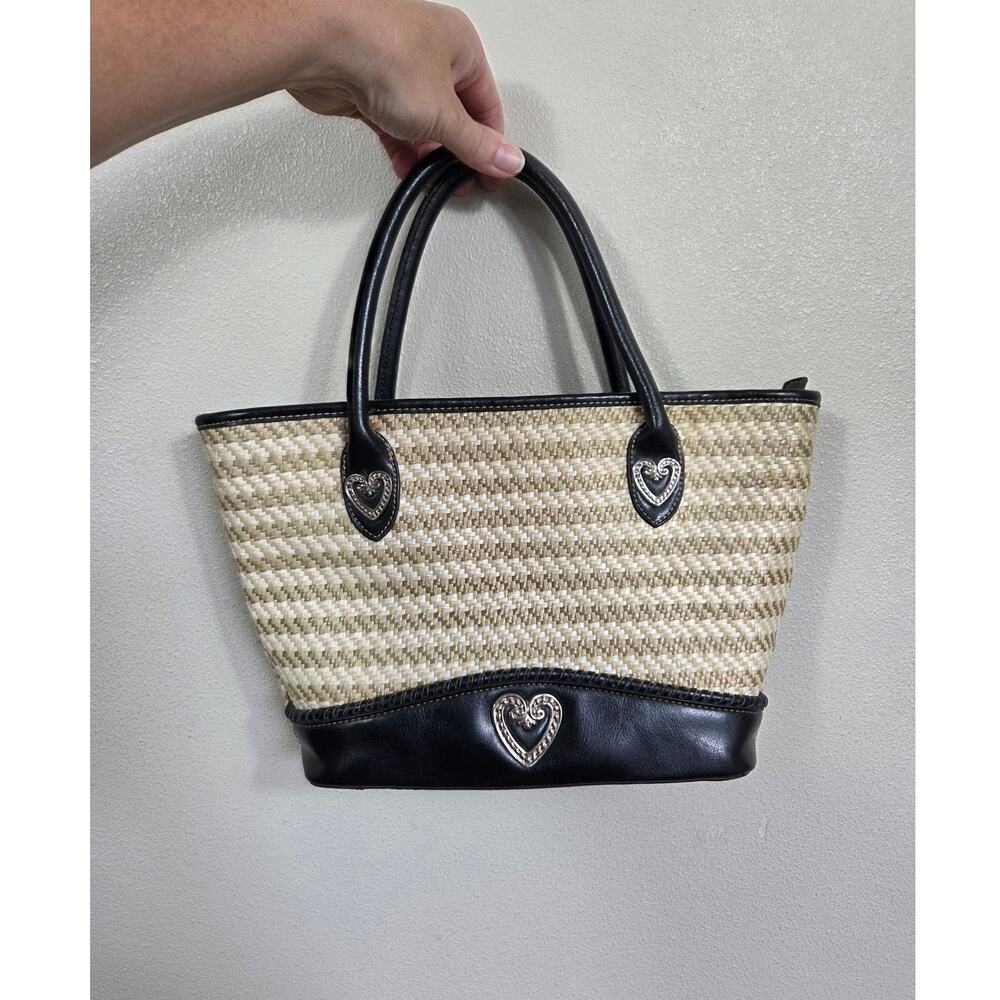 Boho Woven Straw with Faux Black Leather Trim & Metal Heart Detail Handbag